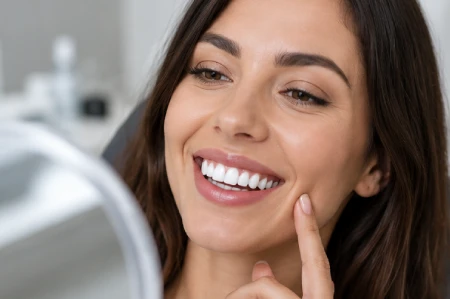 Woman smiling after teeth whitening in Cathedral City